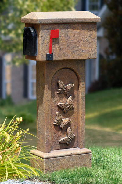 quality ready made mailbox that has a butterflies relief of cast stone